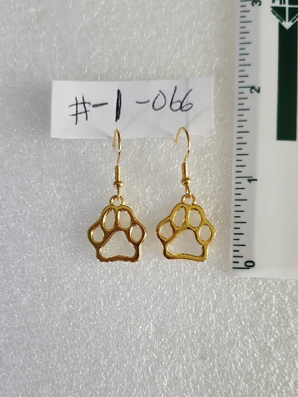 Hand Crafted Gold Paw Print Dangle Earrings - Picture 3 of 3